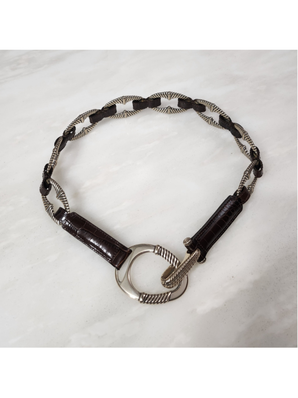 Women's Brighton Brown Croc Embossed Leather & Silver Chain Belt Size 32